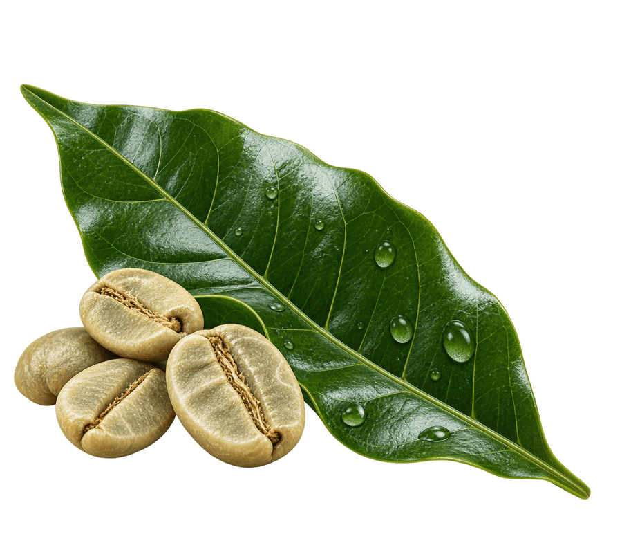 Granos de café verde con hoja