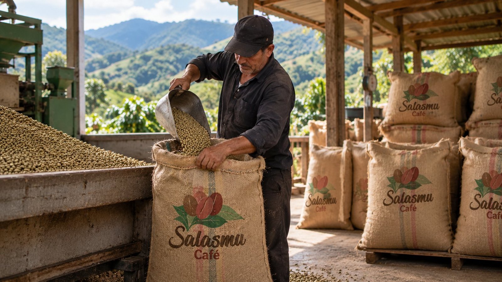 Empaque de café verde Salasmu en sacos de fique de 70 kg, listos para exportación